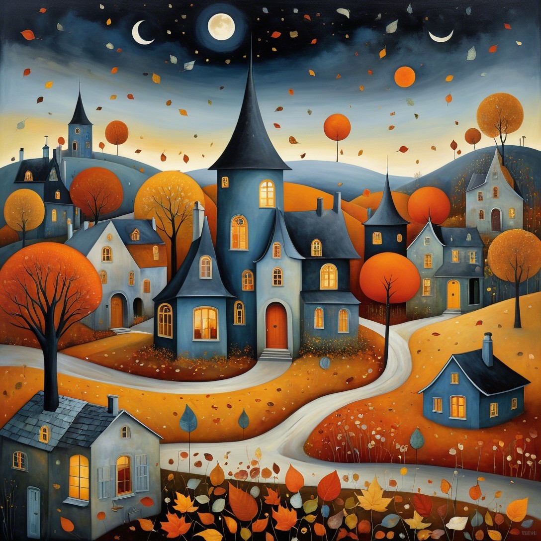 Whimsical Autumn Landscape with Charming Houses and Trees