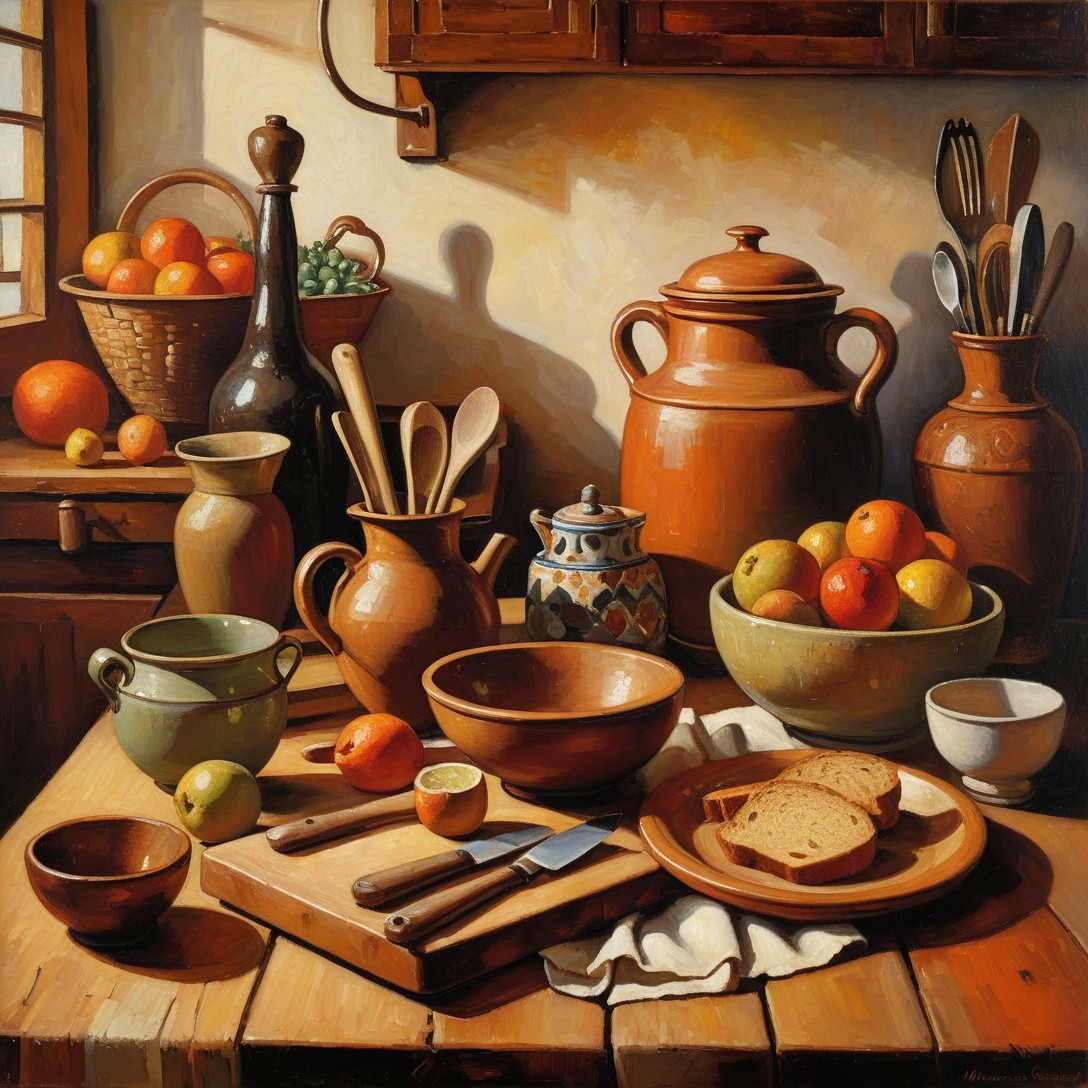 Rustic Kitchen Still Life with Fruits and Ceramics