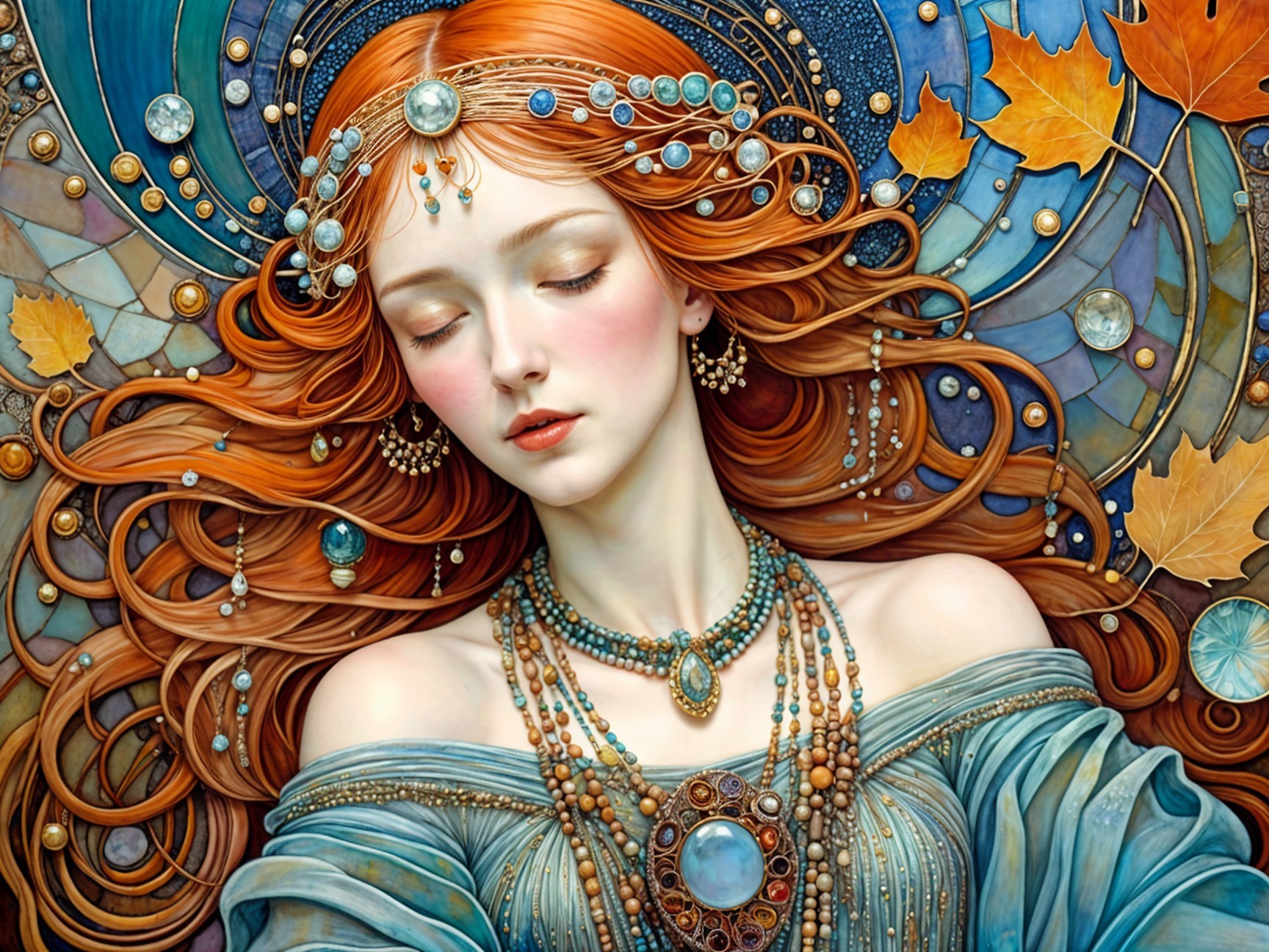 Serene woman with red hair in a tranquil setting