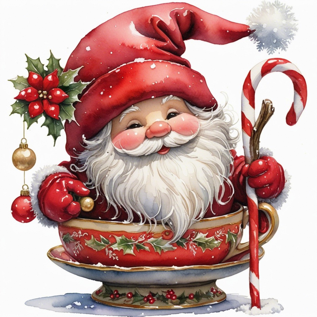 Jolly Santa Claus in Festive Teacup with Ornaments