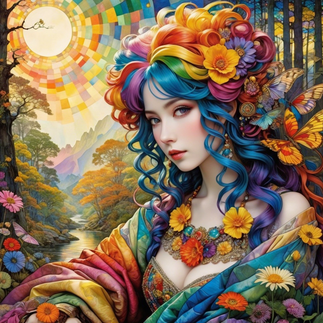 Vibrant Fantasy Portrait of a Young Woman with Rainbow Hair