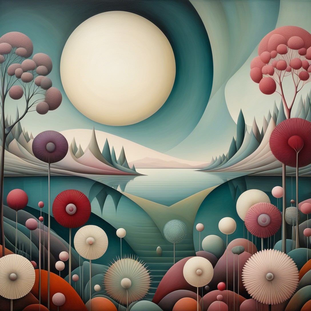 Serene Landscape with Vibrant Colors and Abstract Forms