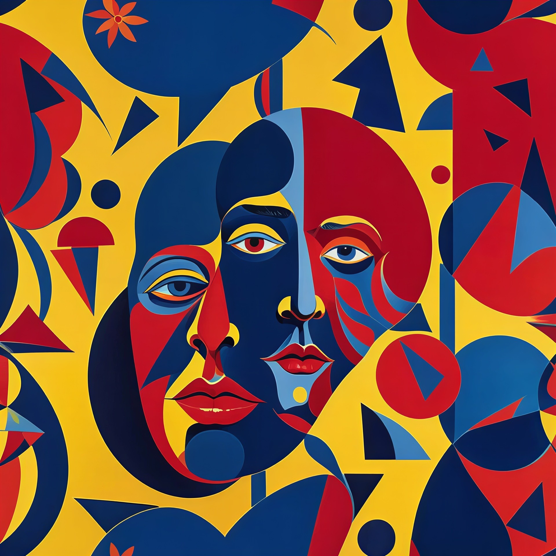 Digital painting of abstract faces in red, blue, yellow