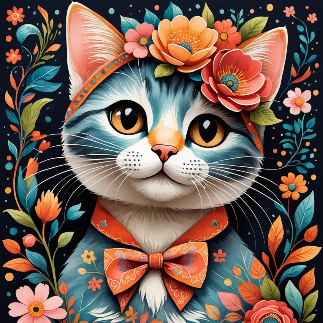 Illustration of a cheerful cat with floral accessories