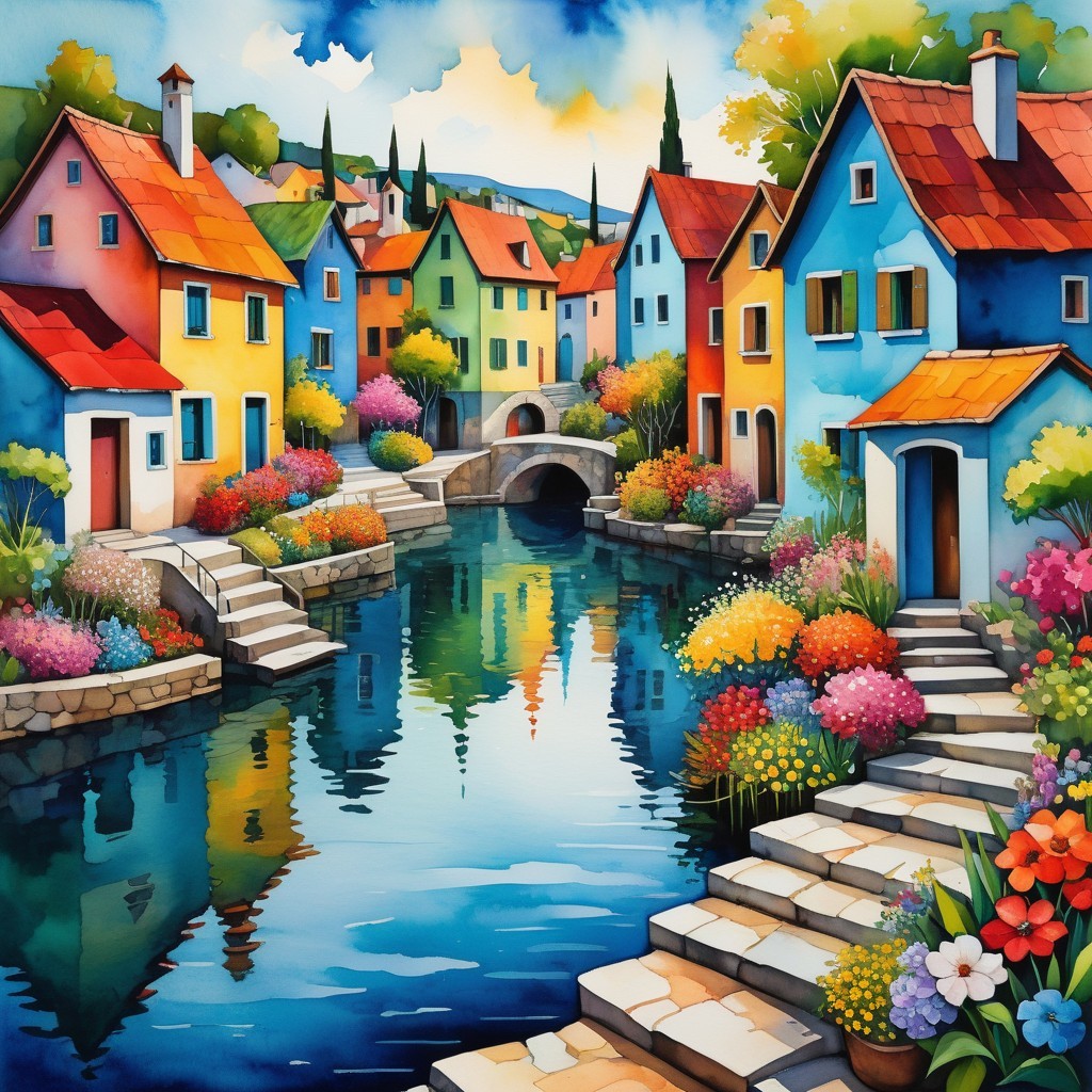 Vibrant Watercolor of a Canal Town with Colorful Houses