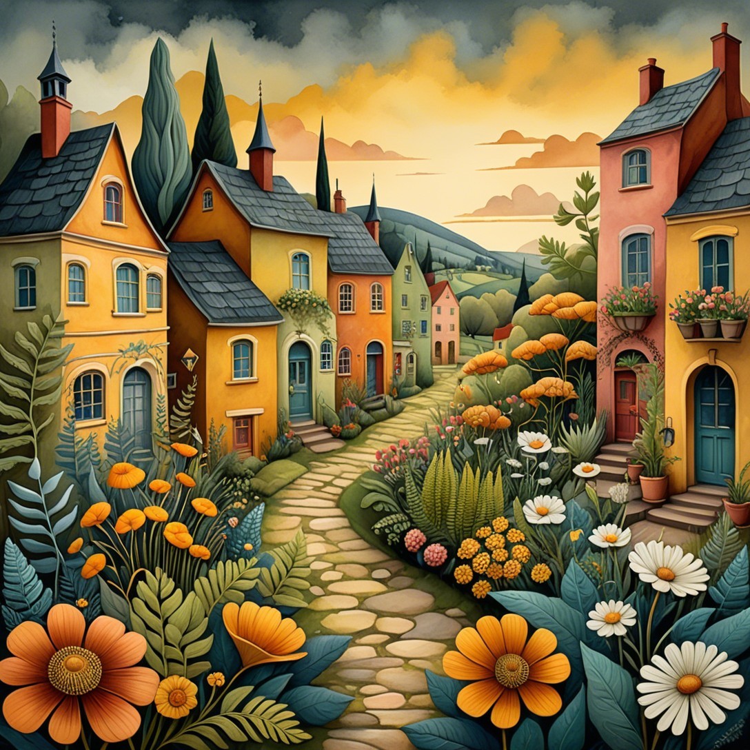 Charming Village Scene with Colorful Houses and Flowers