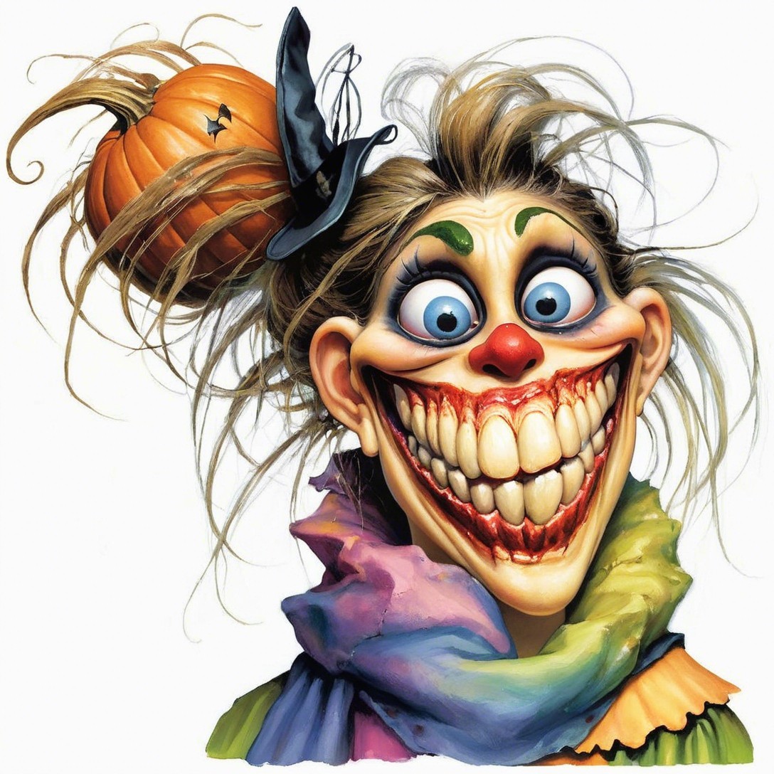 Whimsical Eerie Clown with Sharp Teeth and Hat