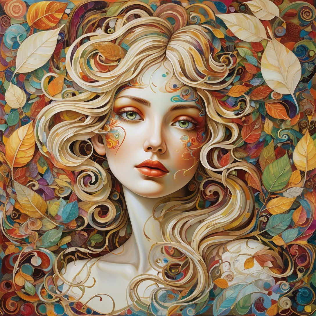 Portrait of a woman with wavy hair and autumn leaves