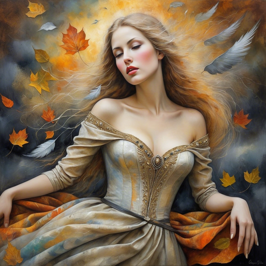 Serene Woman in Elegant Gown Surrounded by Leaves