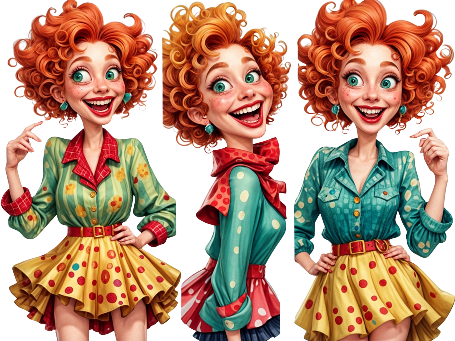 Whimsical Character with Vibrant Red Hair and Dress