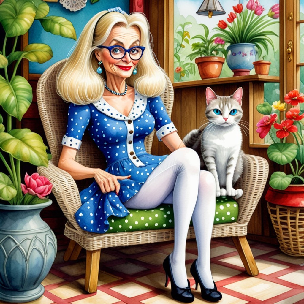 Elegant Woman in Polka-Dot Dress with Cat and Flowers