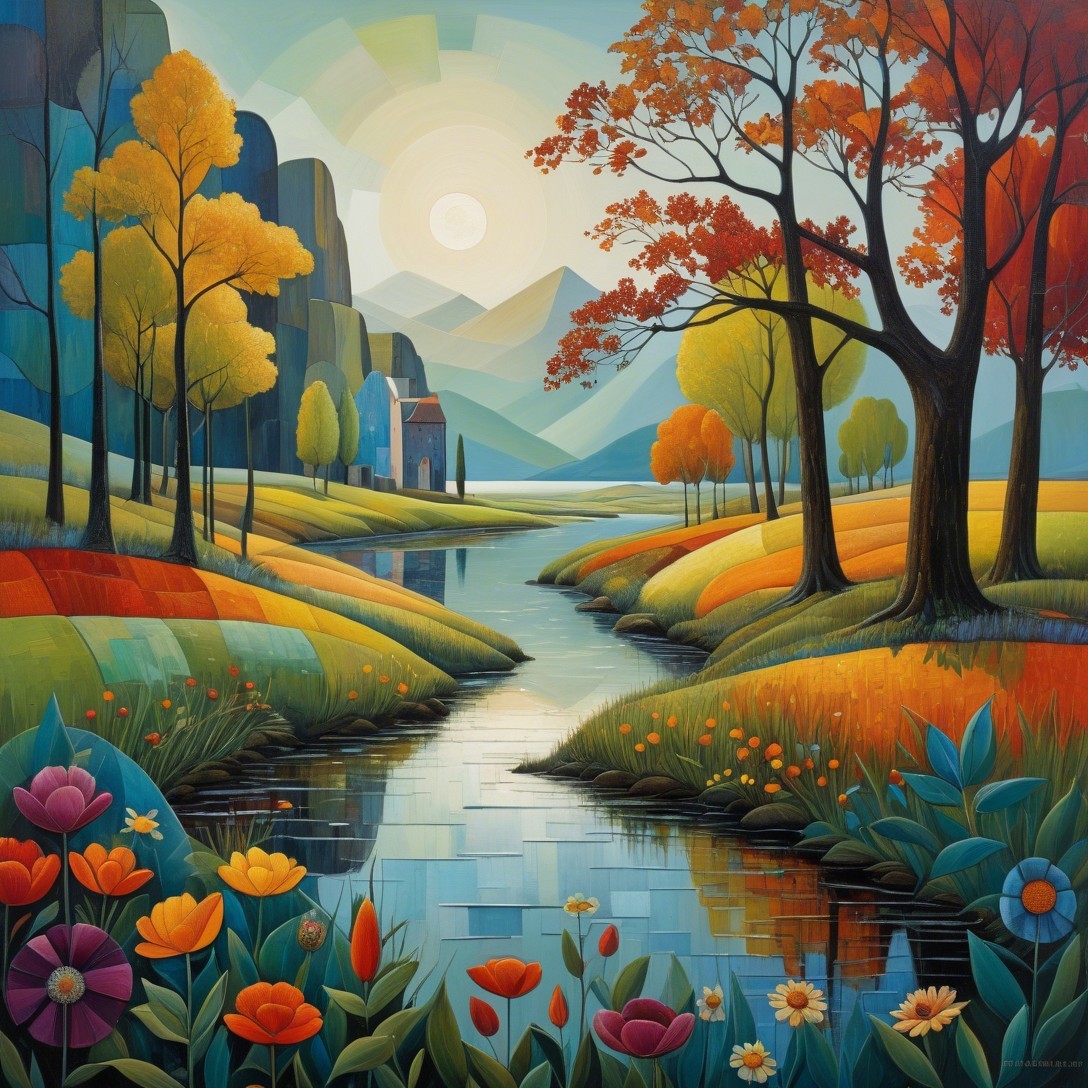 Vibrant Landscape with River and Autumn Foliage