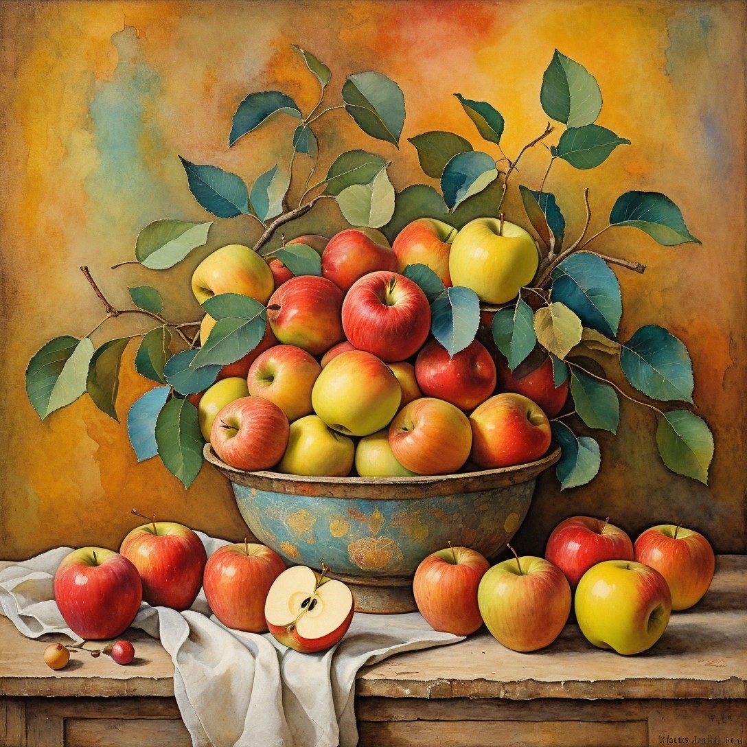 Vibrant Still Life of Apples in Ornate Bowl