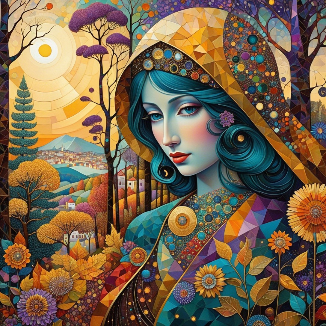 Art Nouveau Stained-Glass Style Woman in Nature Scene