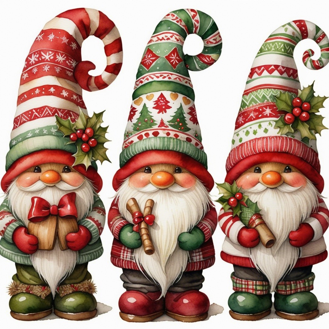 Cheerful gnomes in festive attire with holiday items