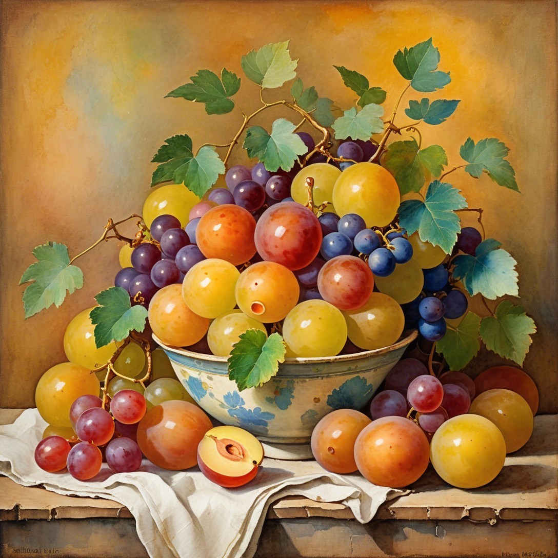 Vibrant Still Life with Grapes and Ripe Peach