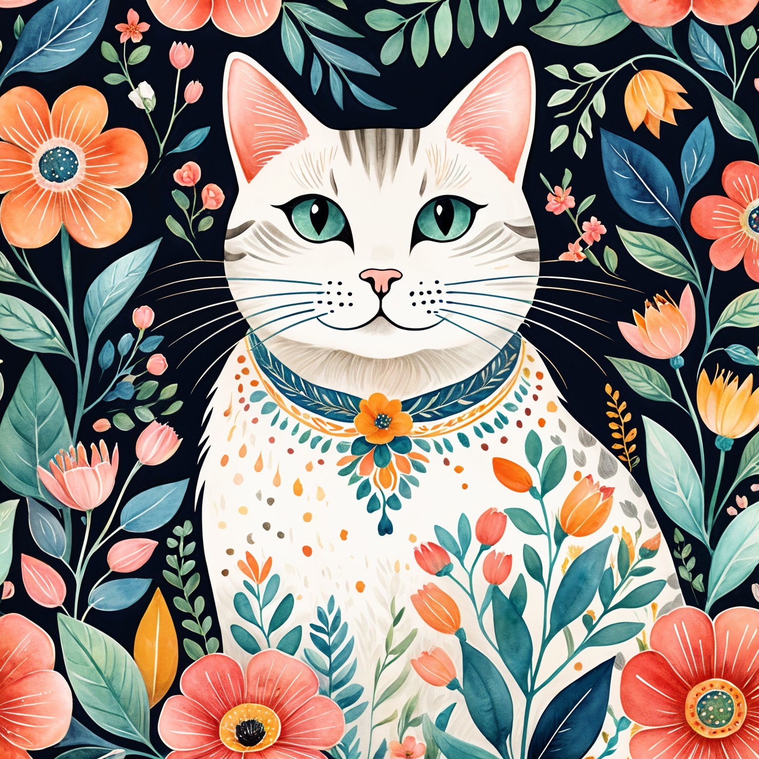 Illustration of a white cat with green eyes and flowers