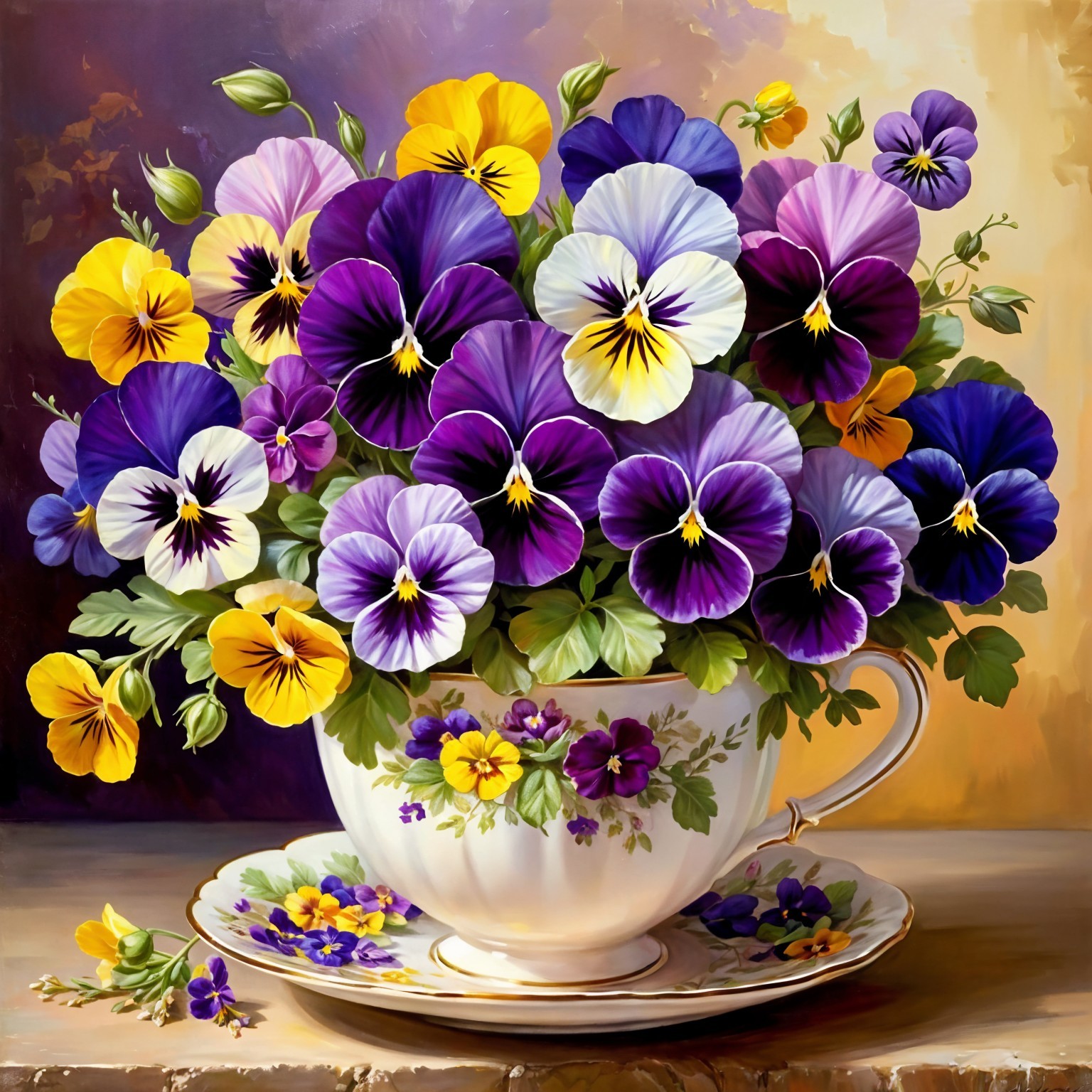 Vibrant Pansy Bouquet in Porcelain Teacup Display