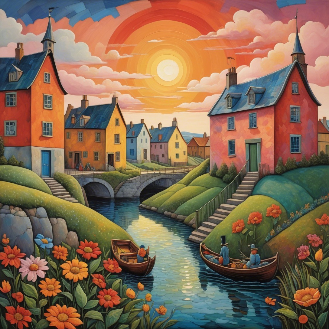 Vibrant Village Landscape with Colorful Houses and River