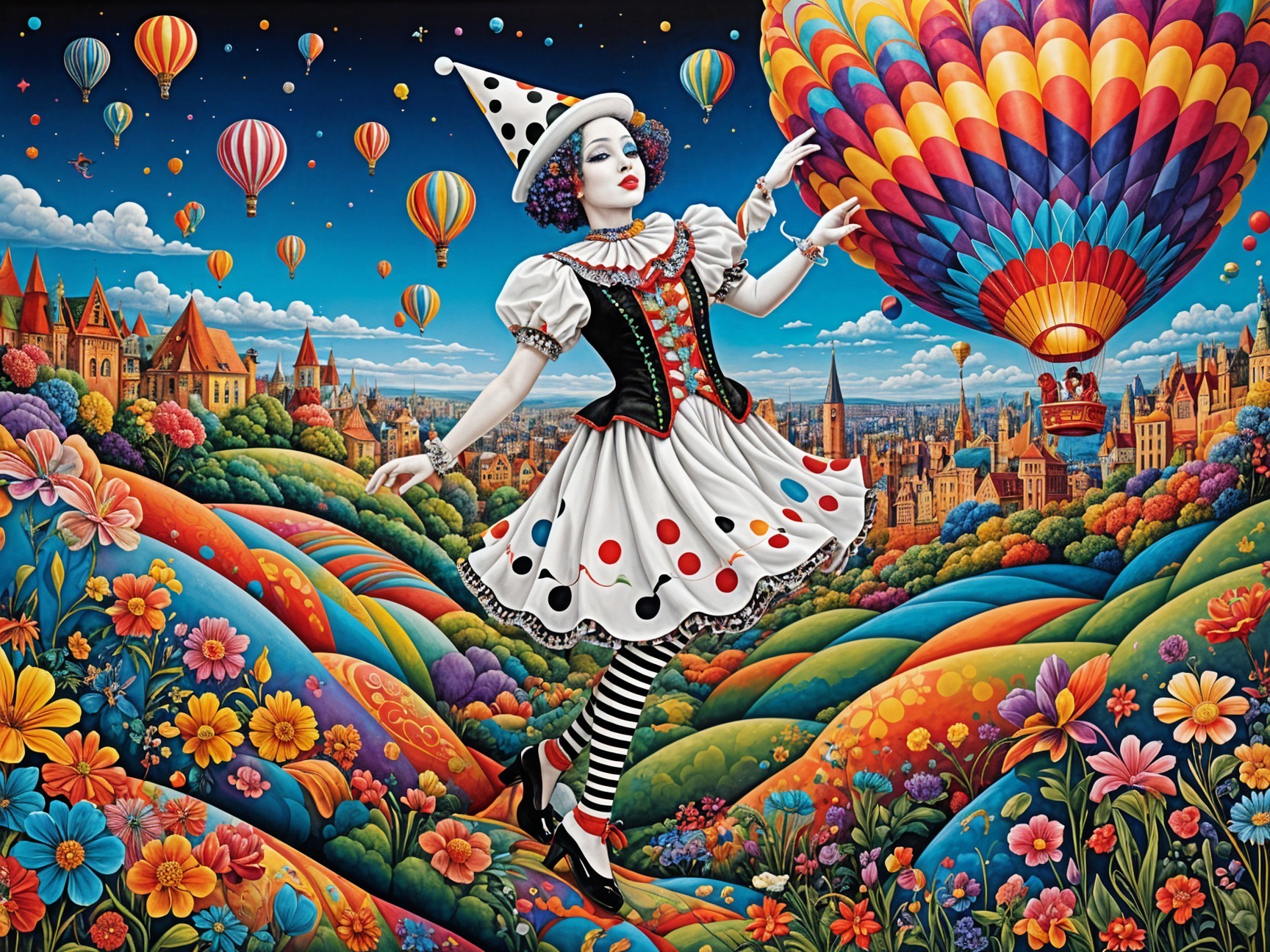 Whimsical Landscape with Clown and Hot Air Balloons