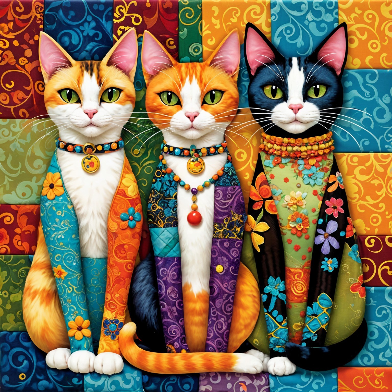 Colorful Cats with Decorative Collars on Vibrant Background