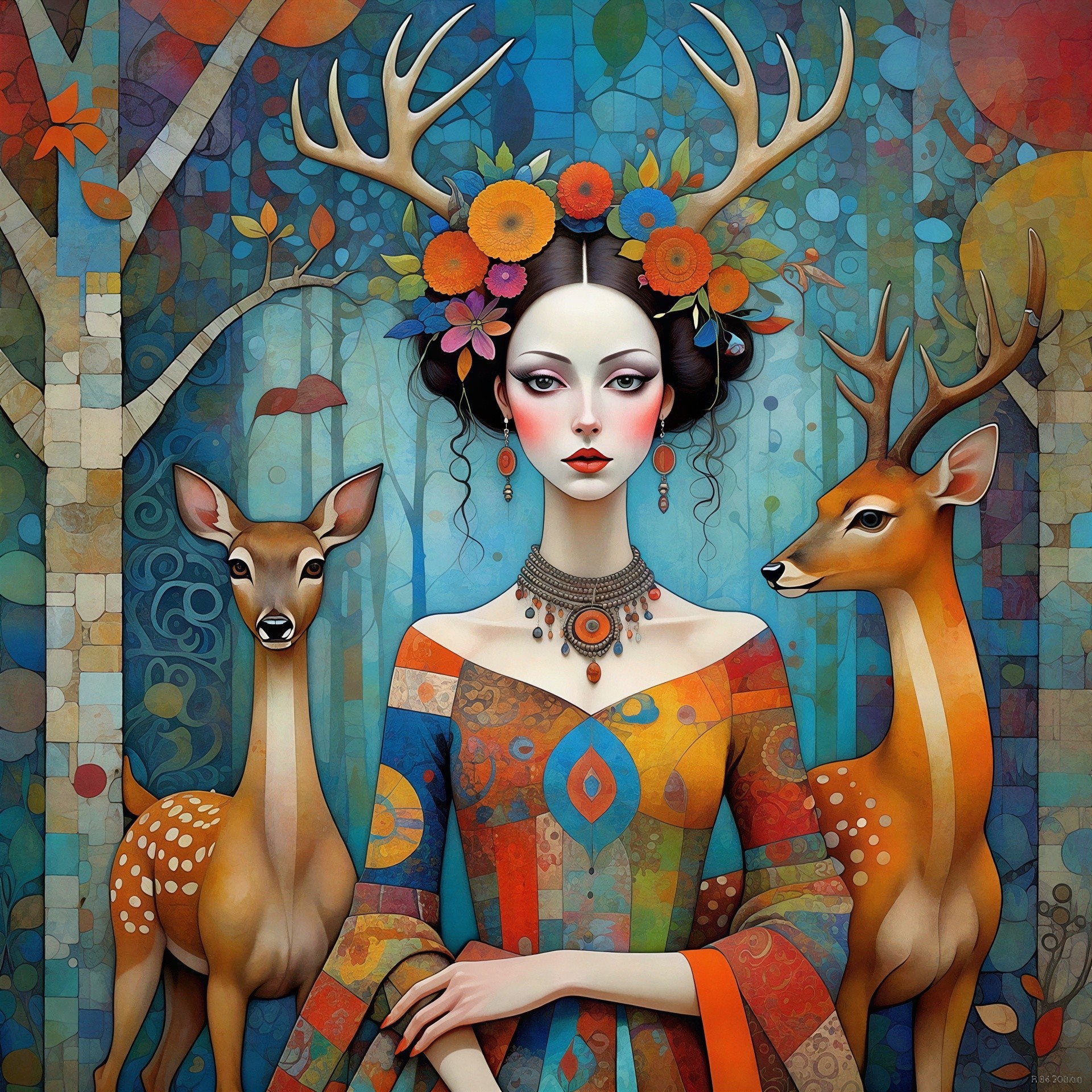 Illustration of a woman with antlers and floral adornments