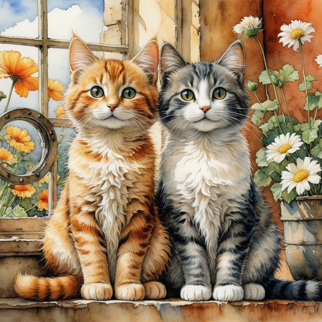 Cats Relaxing by a Rustic Window with Flowers