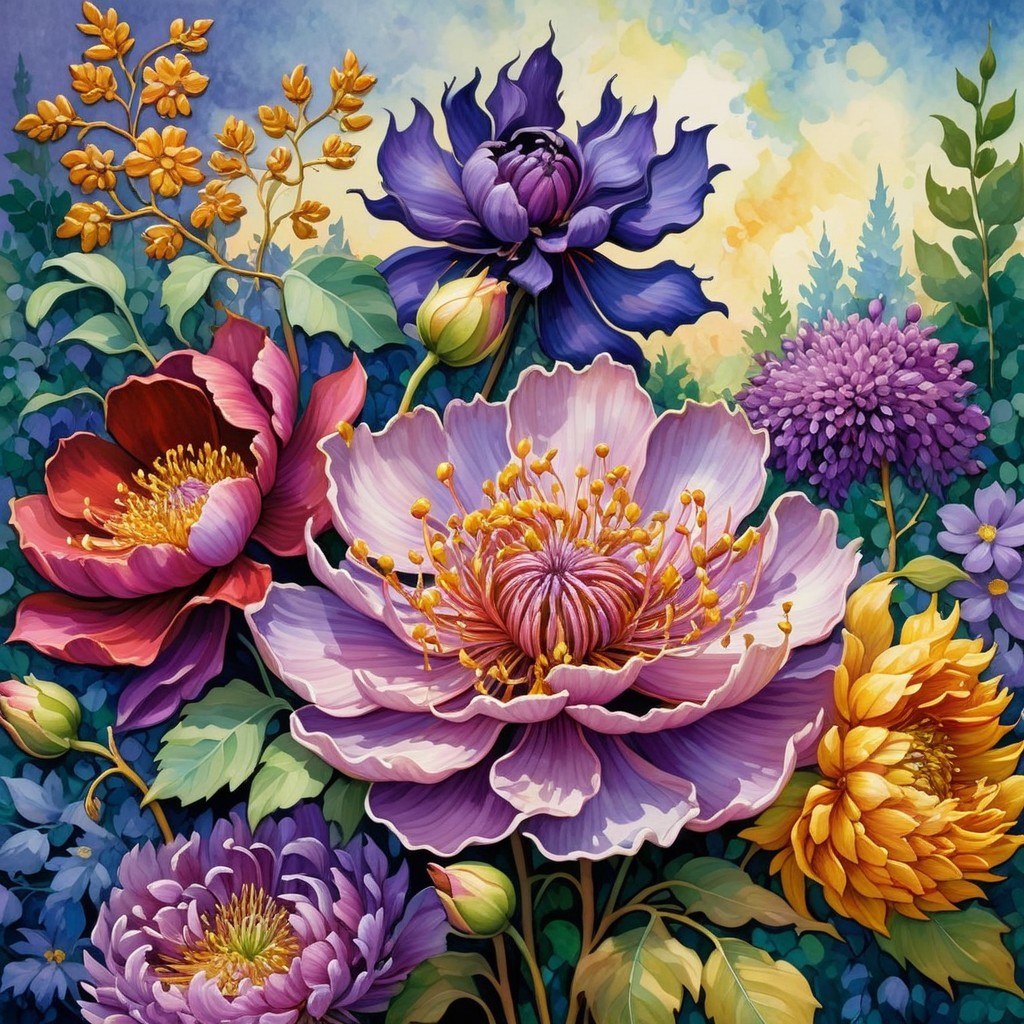 Vibrant bouquet of peonies, asters, and sunflowers