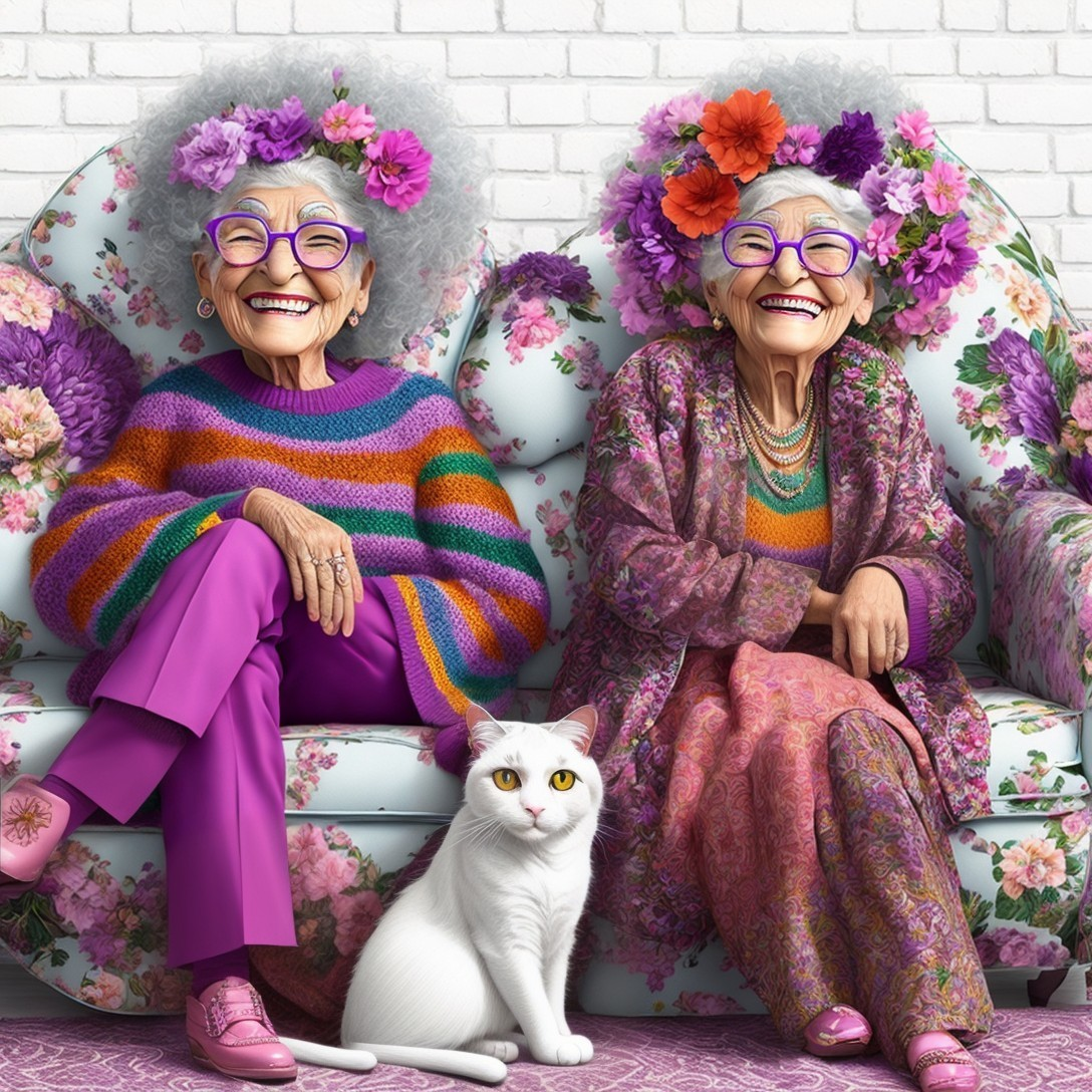 Elderly Women in Colorful Outfits on Floral Couch