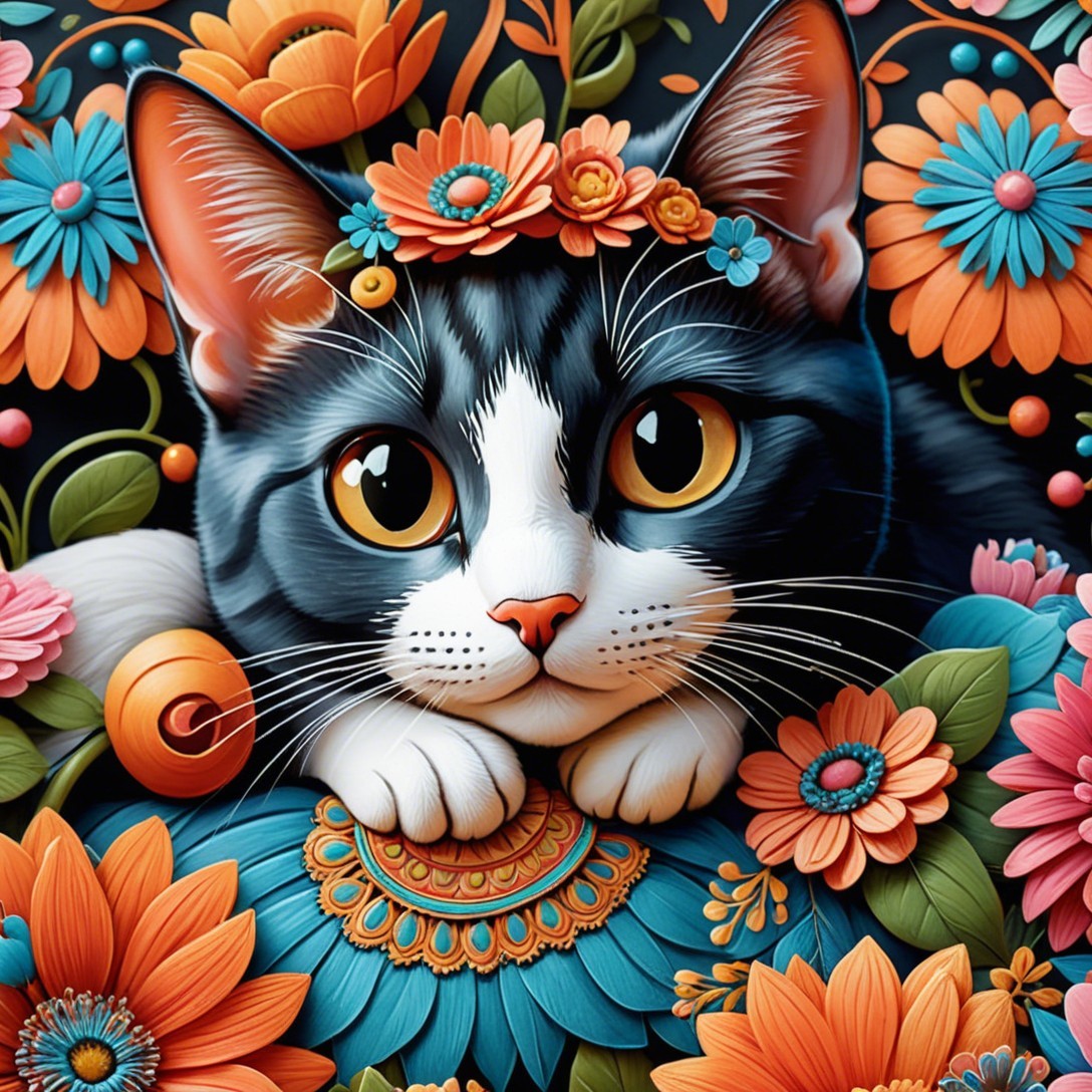 Charming Cat Illustration with Floral Crown and Colors