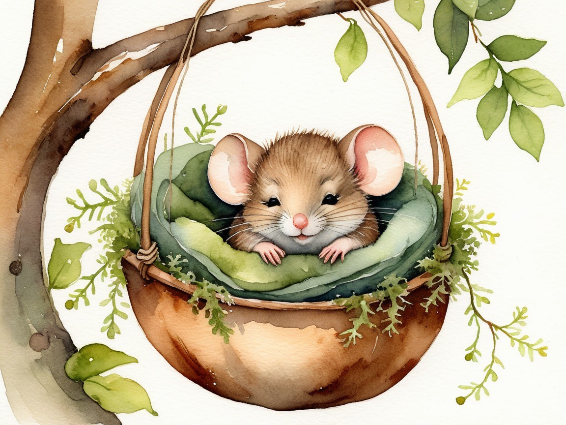 Fluffy Mouse in Cozy Nest Surrounded by Greenery