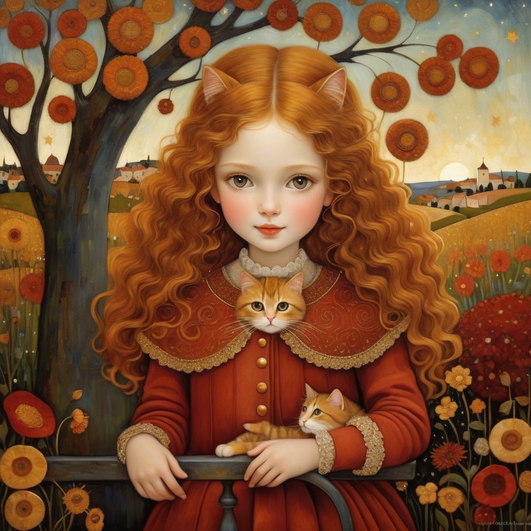 Digital Painting of a Girl with Cats in Whimsical Scene