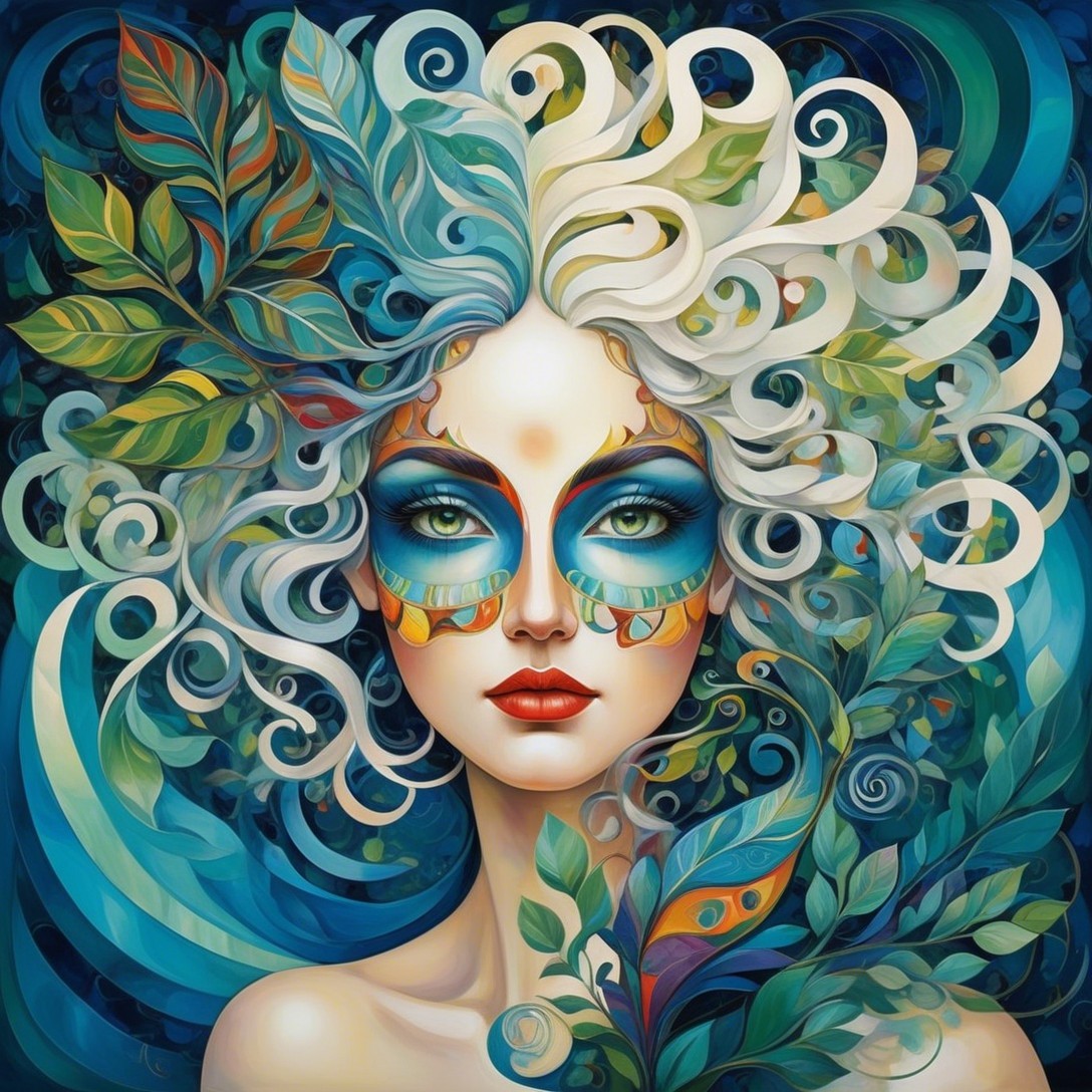 Stylized woman with vibrant hair and nature elements