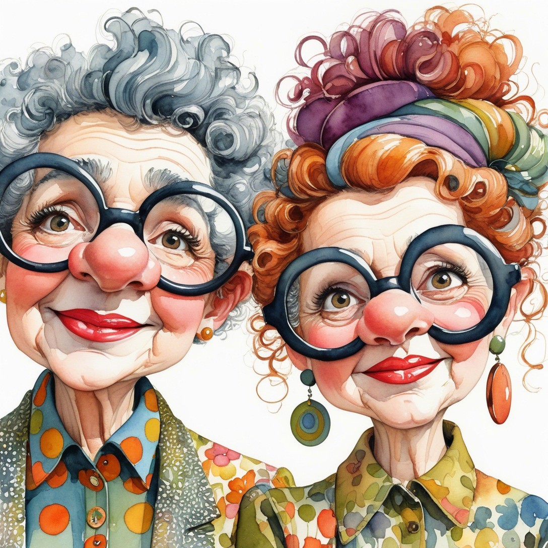Cheerful elderly women with oversized glasses and vibrant outfits