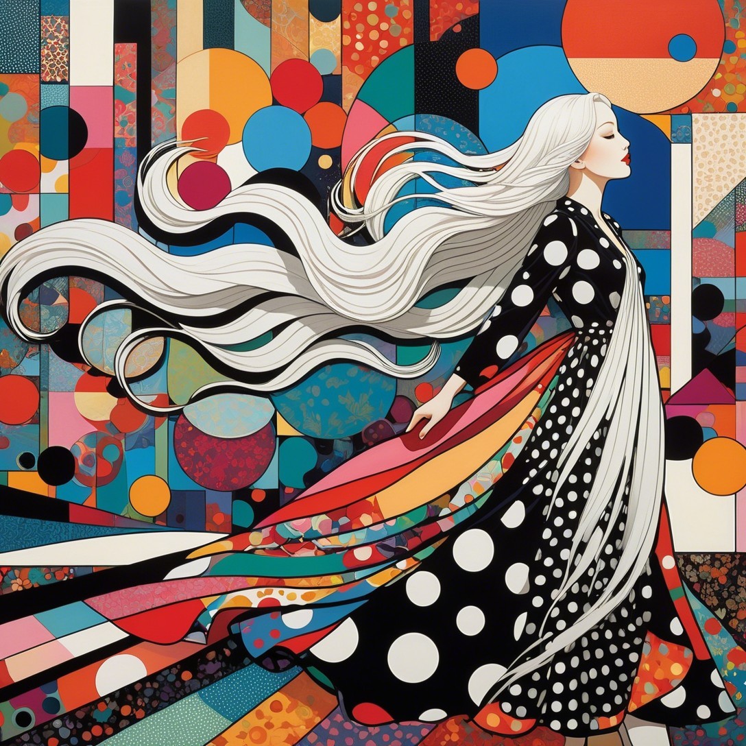 Graceful figure in black gown with polka dots and colors