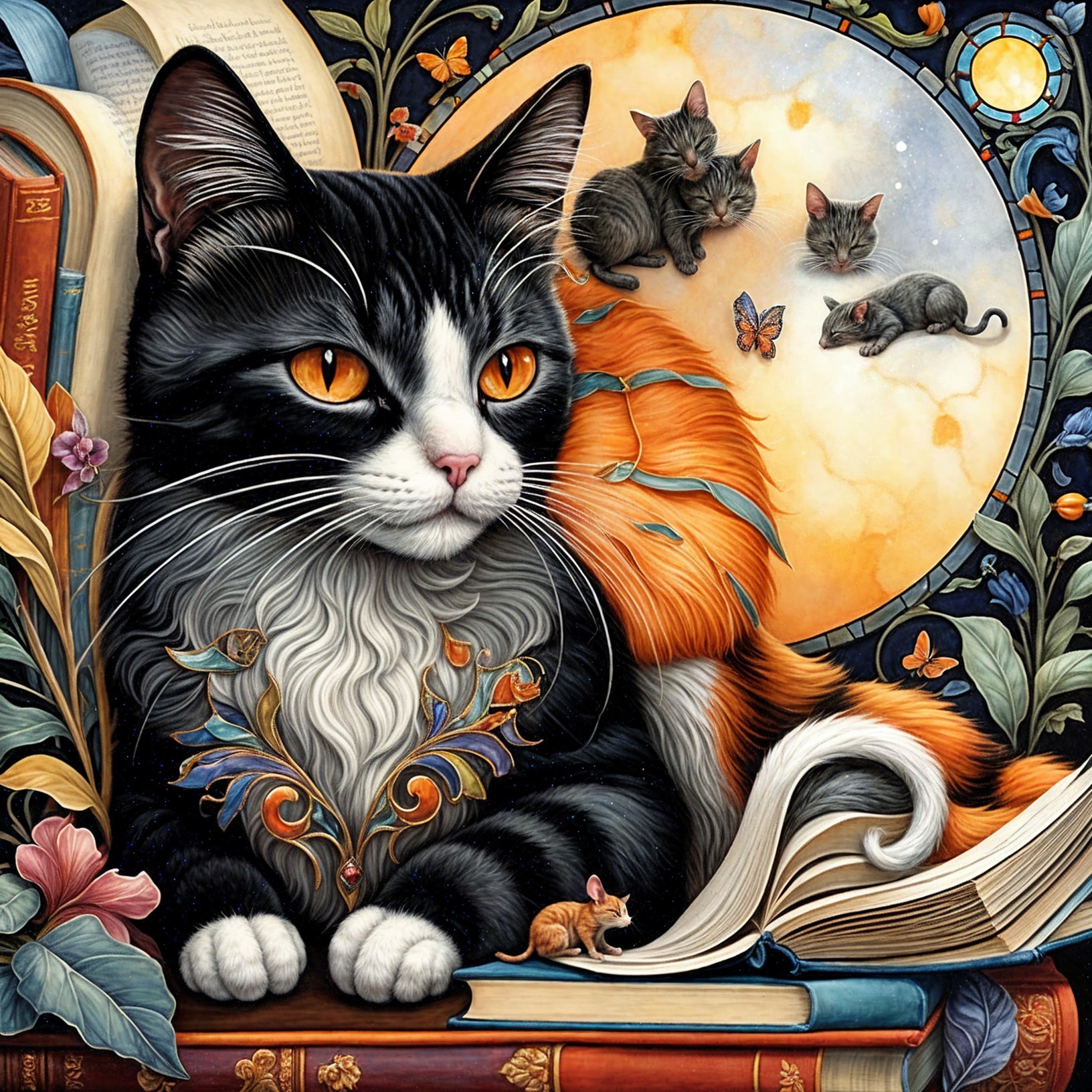 Black and white cat with orange eyes among books and flowers