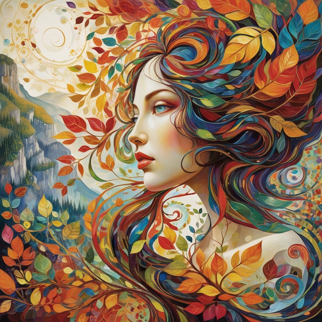 Woman with Colorful Leaf Hair in Natural Landscape