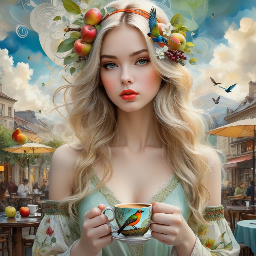 Serene Young Woman with Floral Adornments in Café Scene
