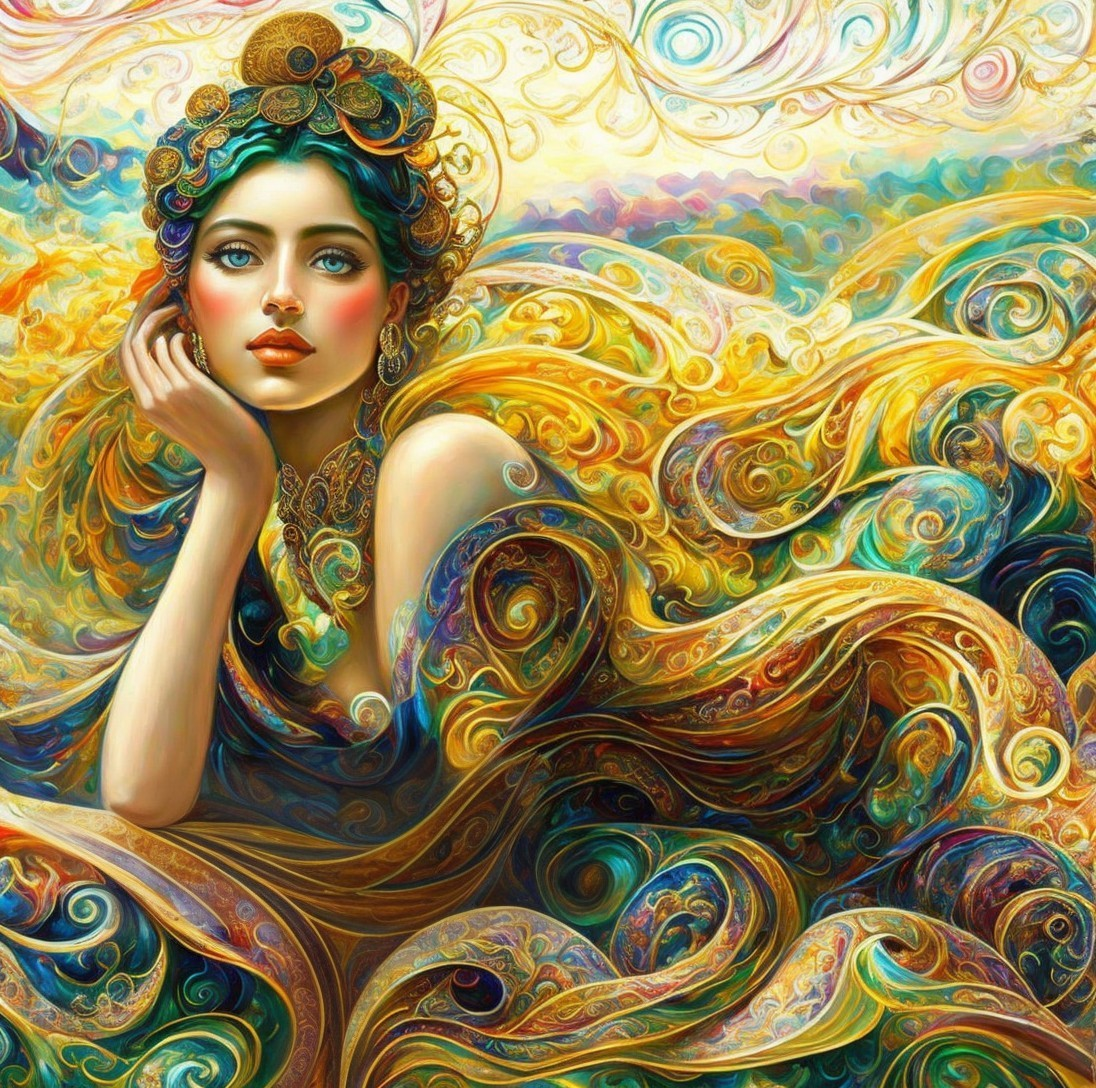 Serene Woman with Intricate Hair in Colorful Swirls