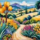 Vibrant Landscape with Rolling Hills and Stylized Trees