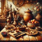 Rustic Kitchen Still Life with Fruits and Ceramics