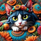 Charming Cat Illustration with Floral Crown and Colors