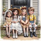 Children on Steps in Pastel Attire with Autumn Leaves