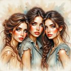 Watercolor Illustration of Three Women with Flowing Hair