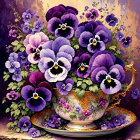 Vibrant Still Life of Pansies in Ornate Teacup