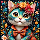 Illustration of a cheerful cat with floral accessories