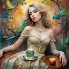 Serene Woman in Elegant Gown Surrounded by Leaves