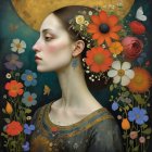 Serene Female Figure with Orange Flowers and Water Droplets