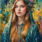 Serene figure in yellow gown among blooming flowers