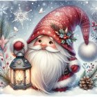 Watercolor Painting of a Christmas Gnome in Snowy Forest